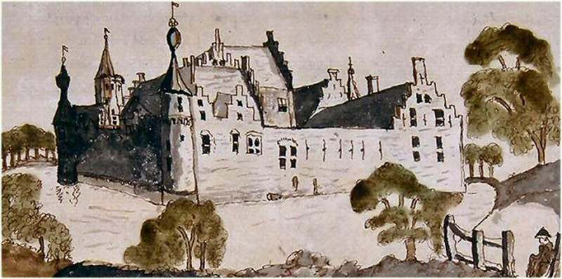 achterkant van de toutenburg, schets uit de atlas van Schoemaker achterkant van de toutenburg, schets uit de atlas van Schoemaker