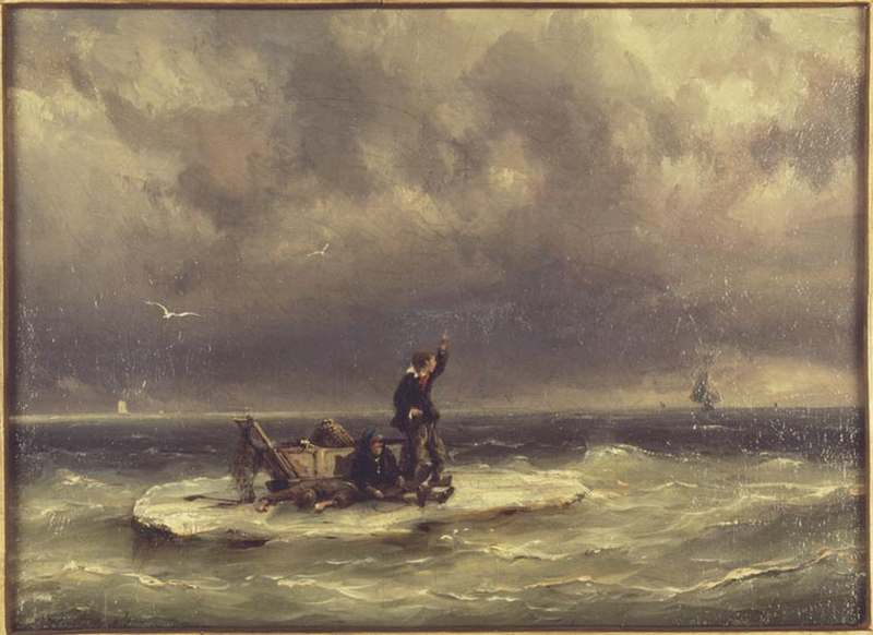 schilderij van H. Koekkoek over de drie Durgerdammer vissers die veertien dagen op een ijsschots dreven